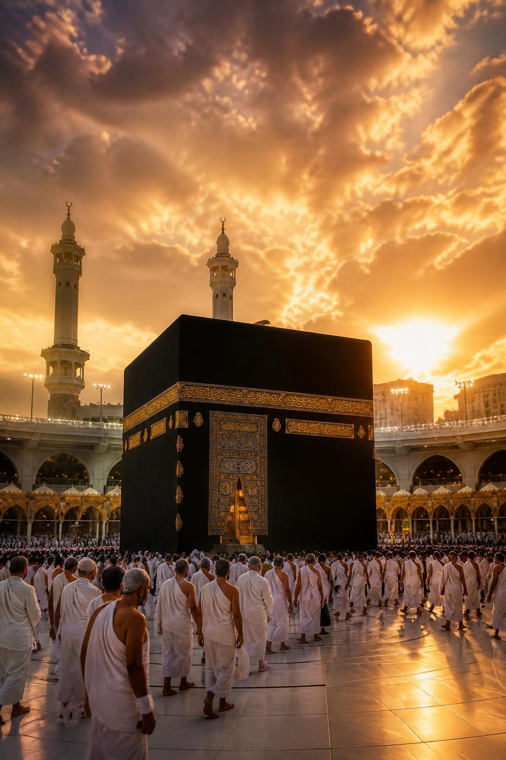 The Kaaba at golden hour with pilgrims in ihram